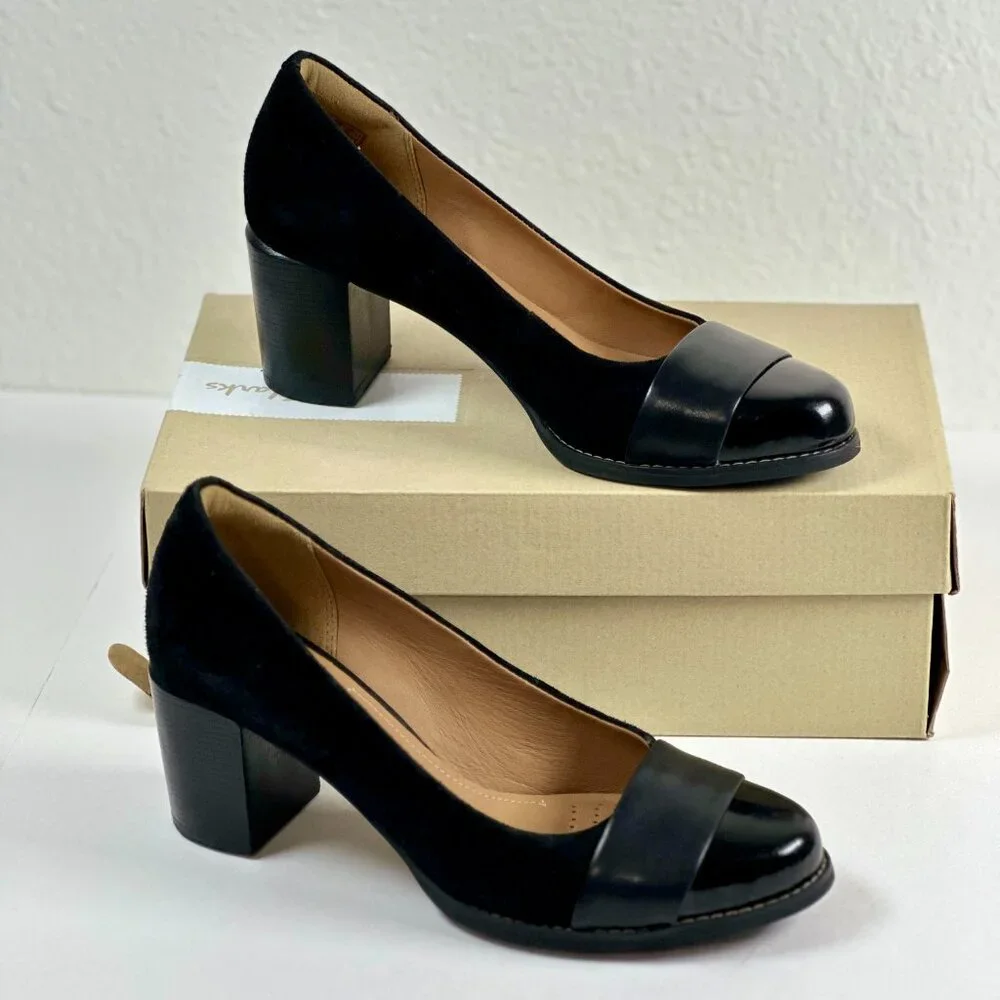 Clarks Artisan Tarah Brae Black Suede Patent Leather Pumps Women’s Size 6.5M - Picture 9 of 16
